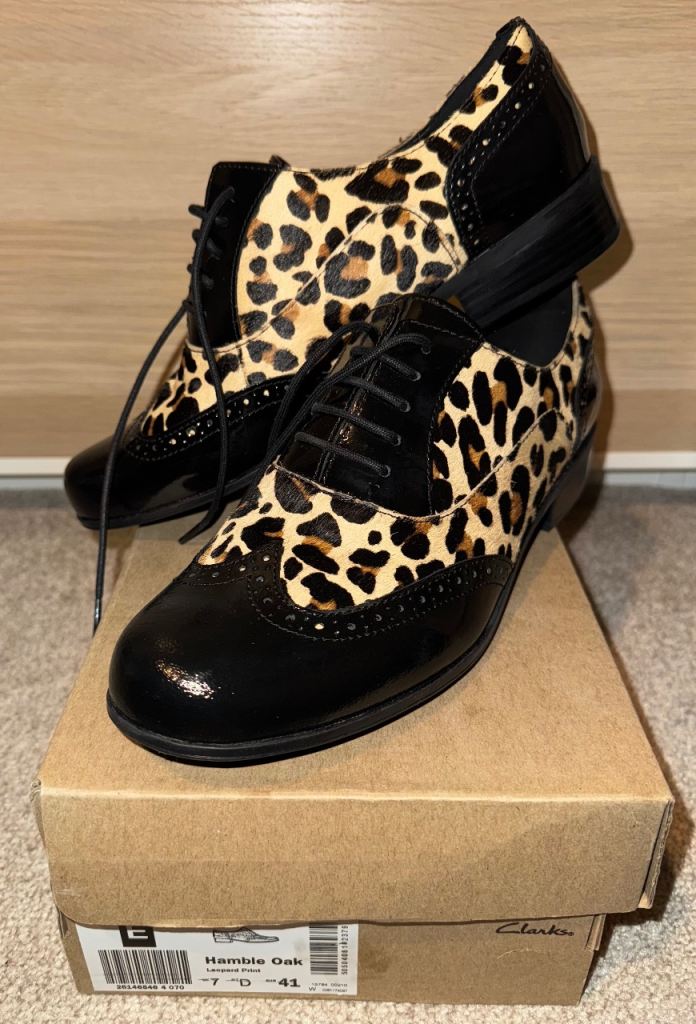 image for Women’s brand new Clarks lace up leather upper with leopard print size UK 7
