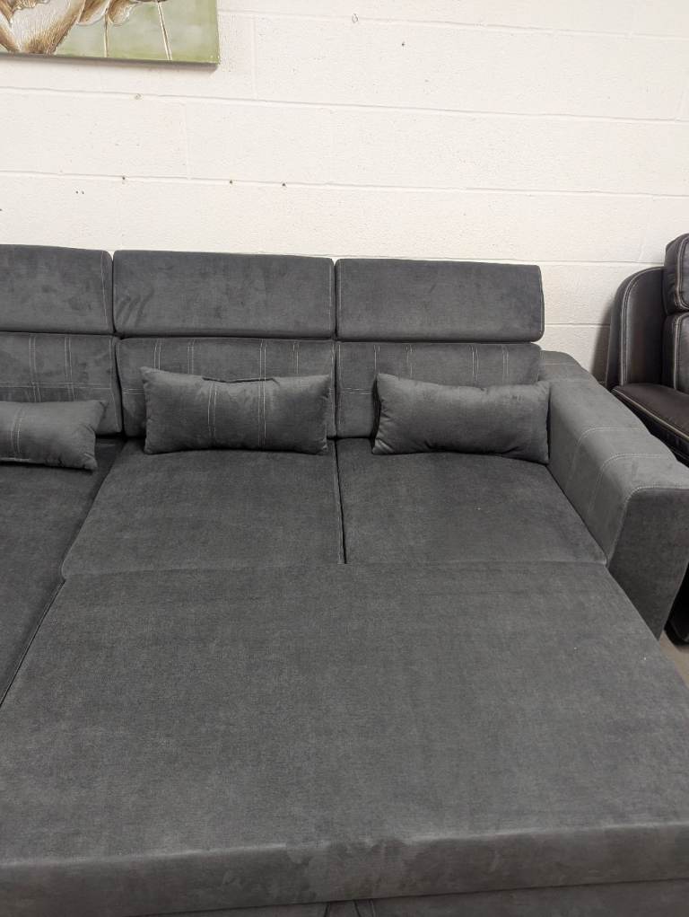 Large Charcoal Grey Fabric Corner Sofa Bed with Adjustable Headrests £649__