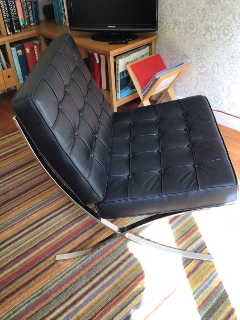 Iconic Barcelona Chair, black, leather faced.