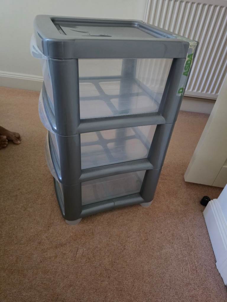 3-Drawer Plastic Storage Tower — Grey Frame, Clear Drawers (Asda George)