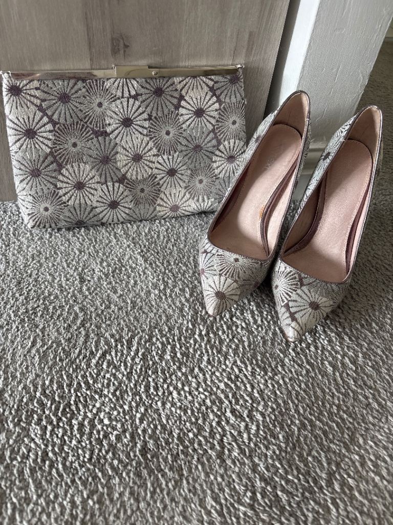 Matching Grey Patterned Heels and Clutch Bag – Good Condition
