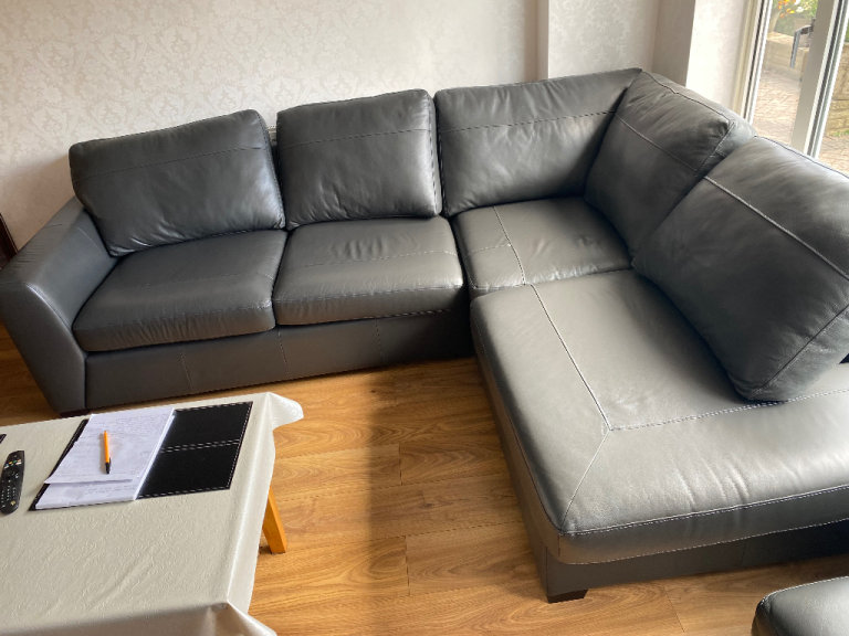 Quality real Leather Grey corner sofa 6 seater with stool