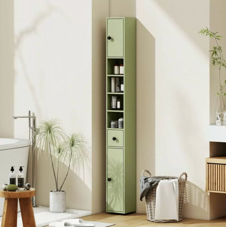 Slim Green Bathroom Storage Cabinet with Shelves and Cupboards