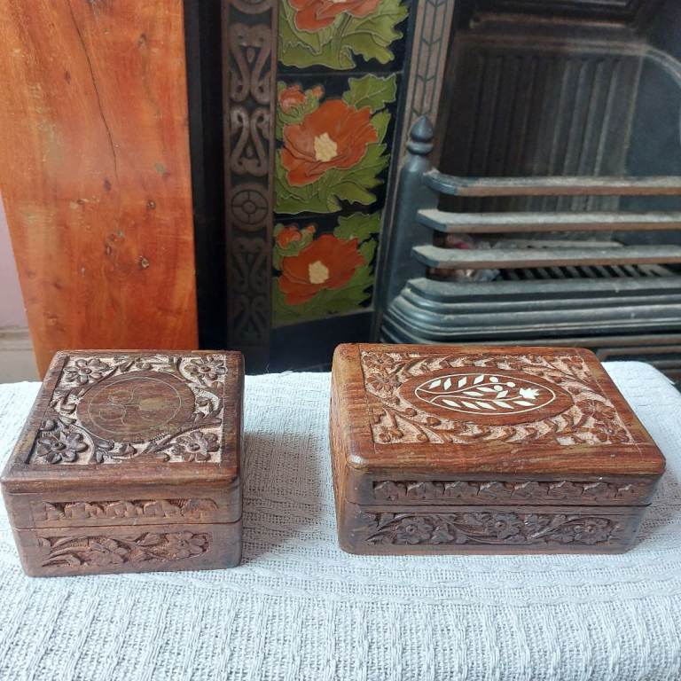 Two Vintage Carved Indian Wood Hinged Boxes 