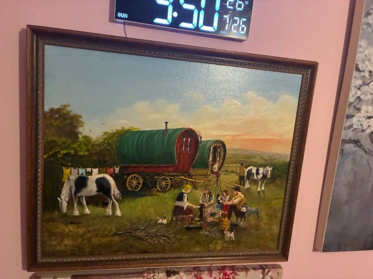 Framed Painting of Gypsy Wagons and Horses – Good Condition
