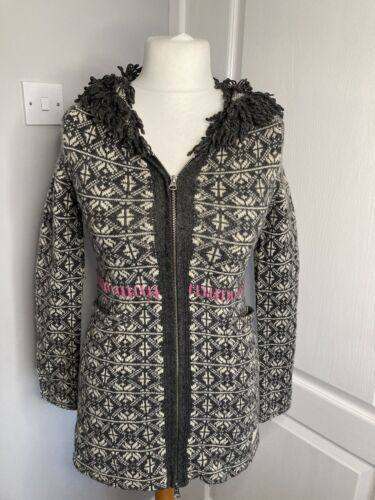 Lambs Wool Grey Fairisle Cardigan Jacket Hood Zip Size XS 6 8 ODD MOLLY