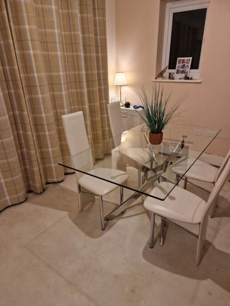 Glass Dining Table with 4 Cream Chairs – Good Condition