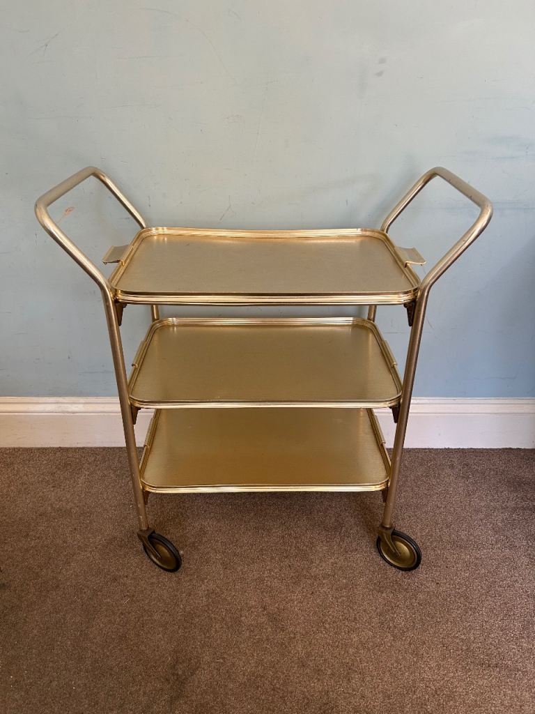 Vintage Metal Tea Trolley on Wheels 3 Trays 1 Removable  H31.5in/80cm W29in/74cm D15in/38cm J212