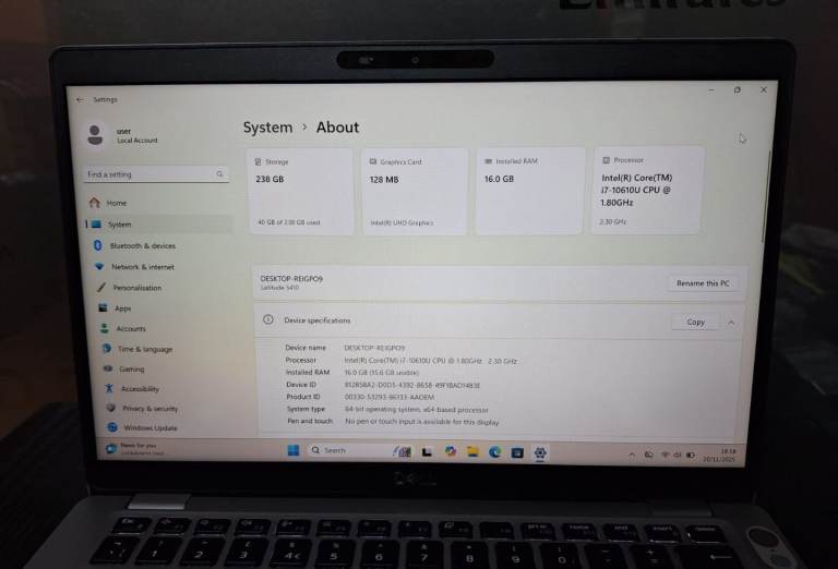 Dell Latitude 5410,14 Inch ,Intel Core i7,  16GB RAM ,238GB SSD ,W11 Pro