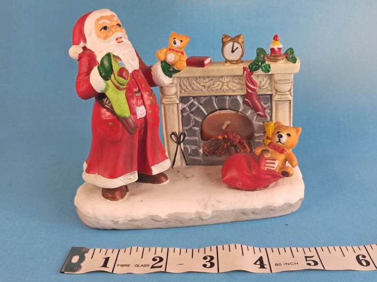 Vintage, Ceramic Old Saint Nick Christmas Candle Holder Santa Claus by Fireplace.