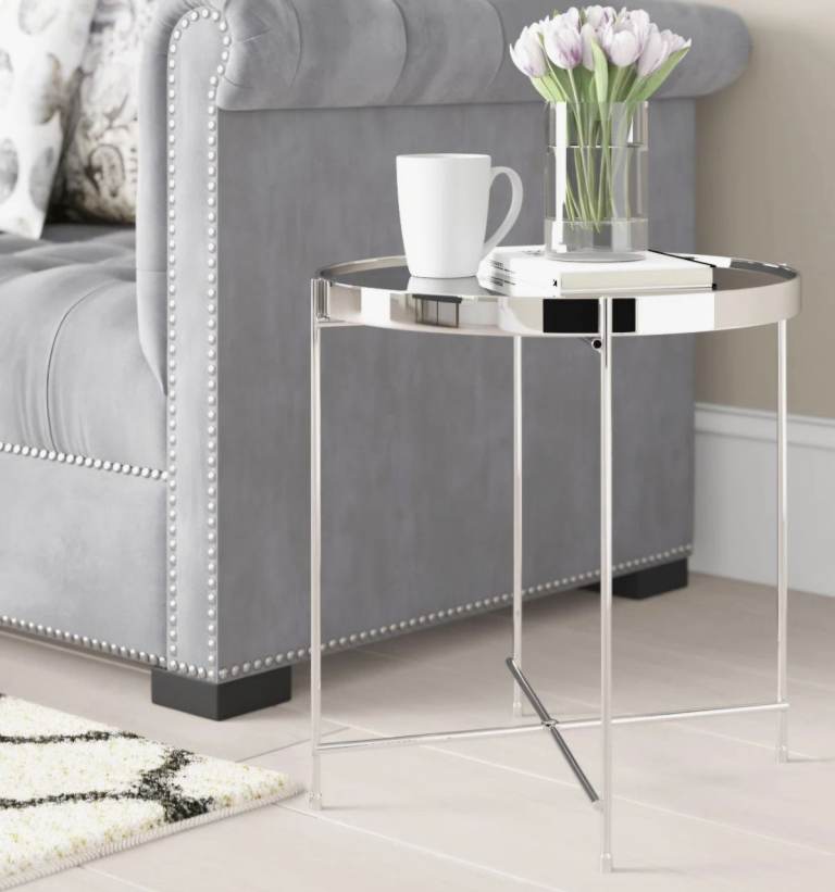 WAYFAIR Yasmina Tray Round Side Table, Bedside, Chrome / Silver, Mirrored.