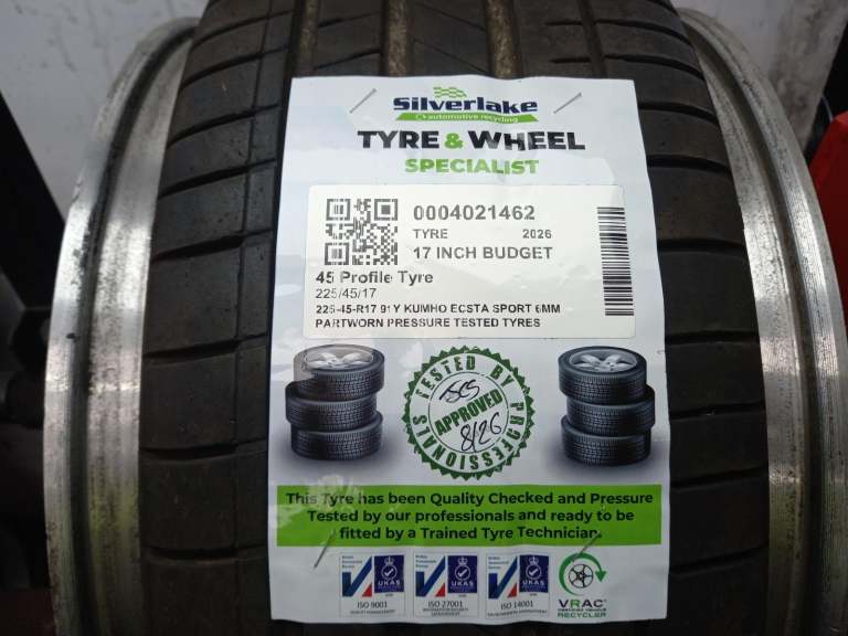 225-45-R17 91y Kumho Ecsta Sport 6mm Partworn Pressure Tested Tyres