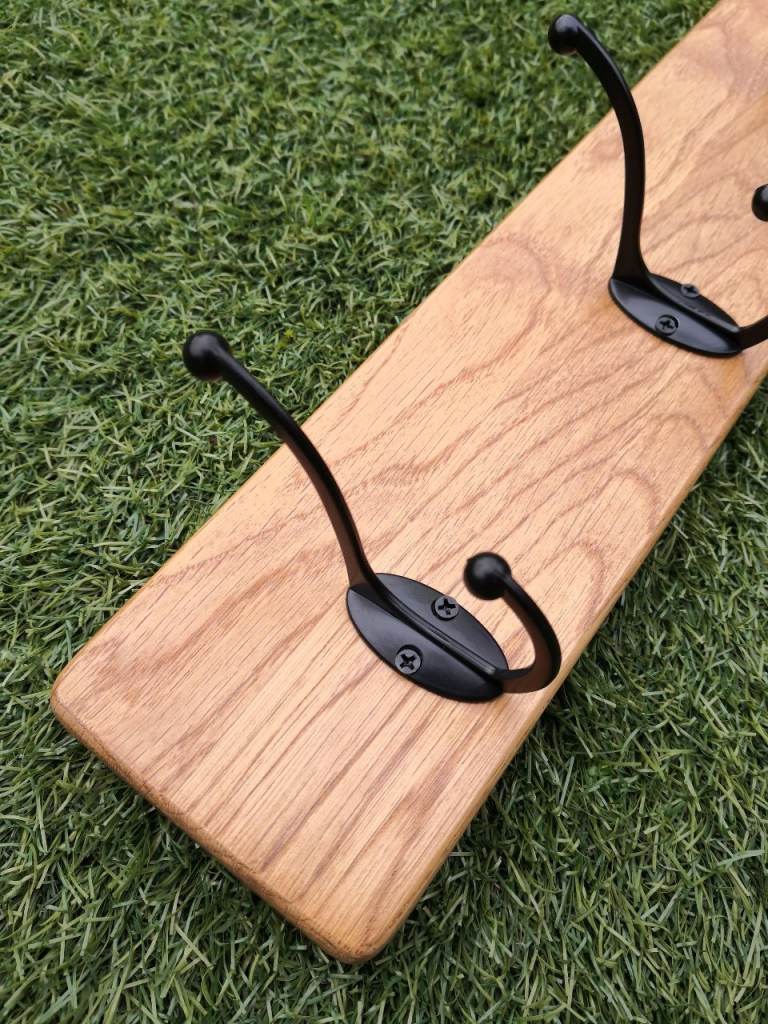 Handmade Solid Oak Coat Rack - 4 Black Hooks