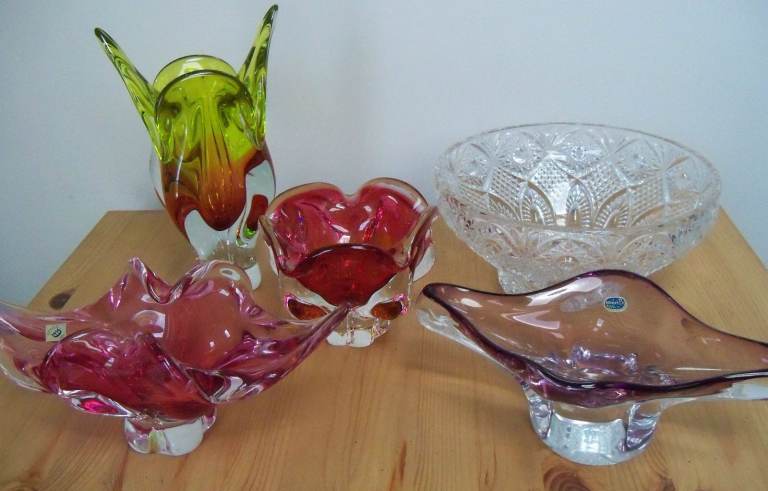 Vintage Bohemian Glass Decor Items - Multicoloured Bowls & Vase