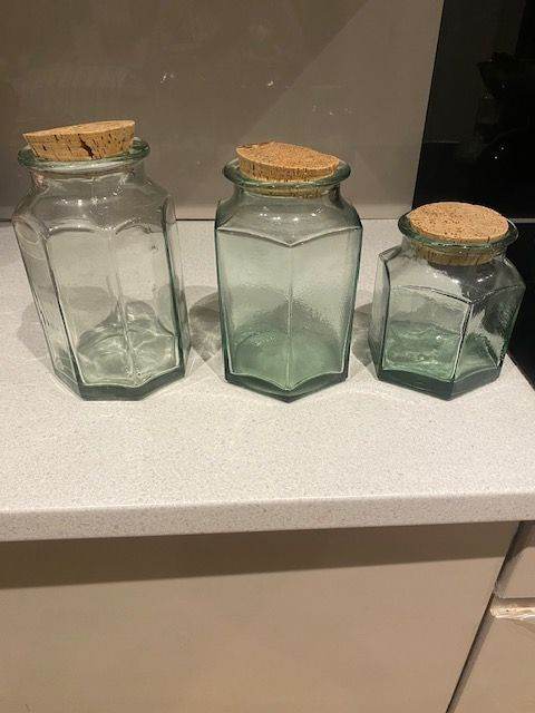 Three  Lovely Retro Glass Storage Jars With Coek Lids 