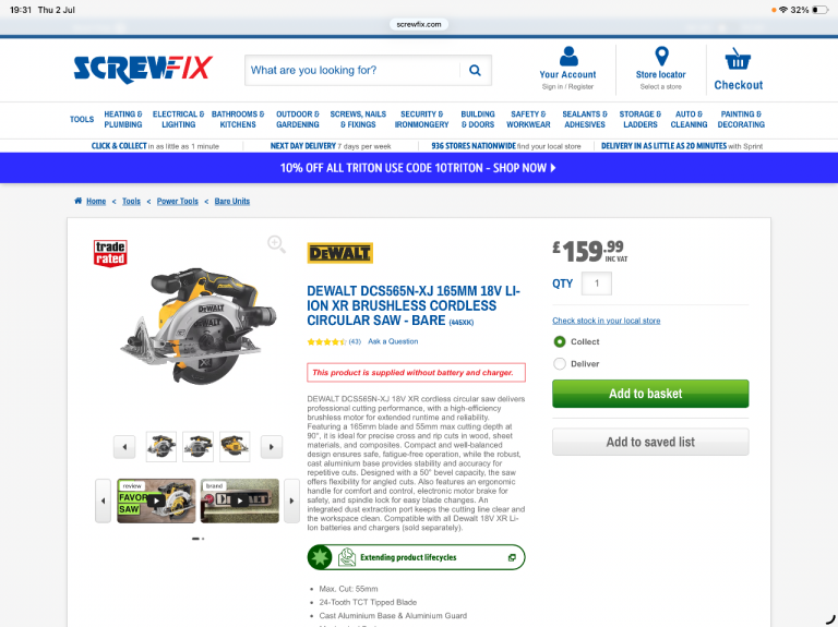 DeWalt DCS565N-XJ 165mm Cordless Circular Saw (Bare Unit)