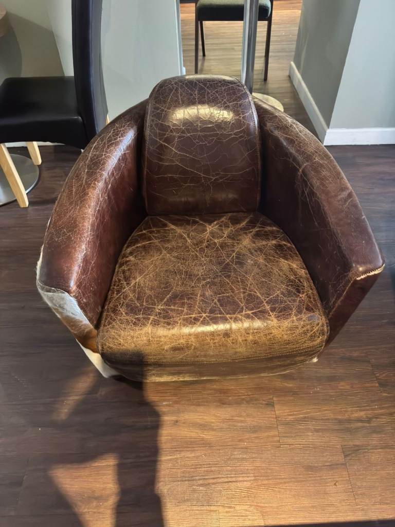 Vintage Leather & Cowhide Swivel Armchair