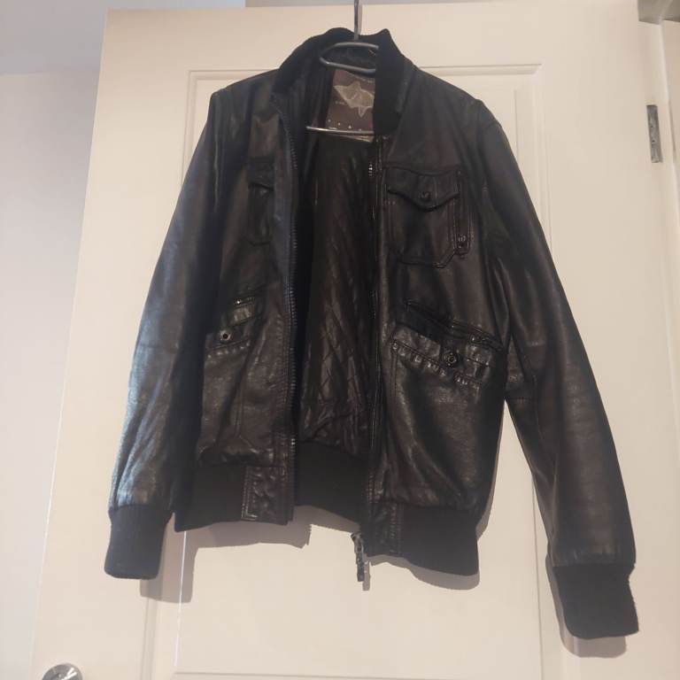 RIVISD Black Leather Bomber Jacket - Men's Medium, Good Condition