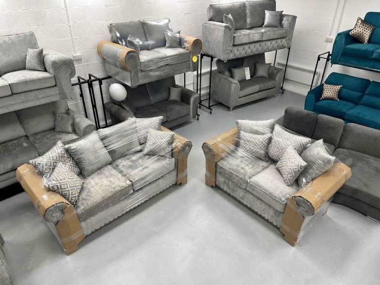 Brand new Grey 3x2 seater sofa set - velvet - Free delivery!