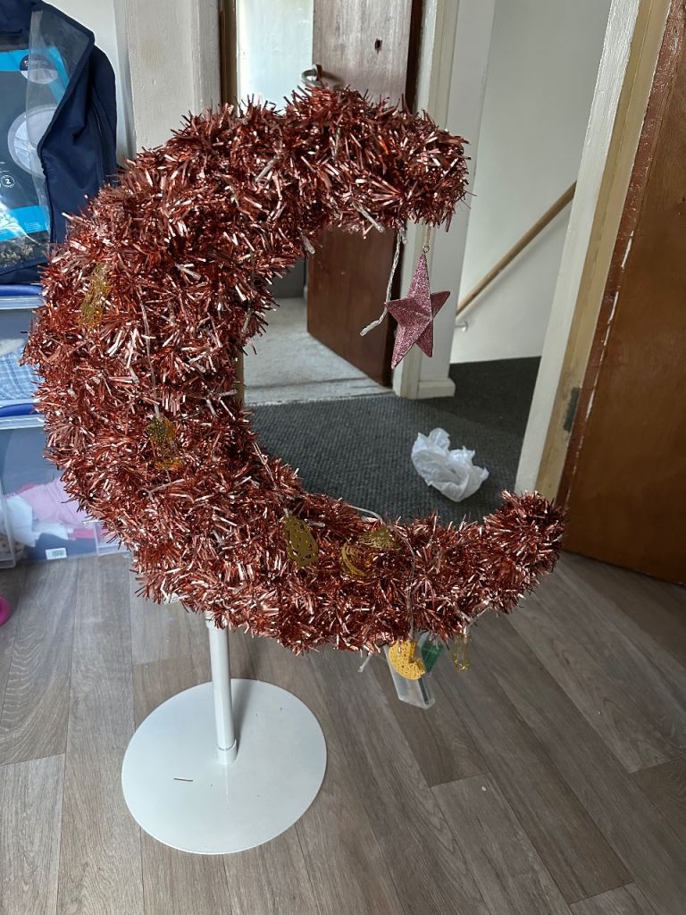 Rose Gold Tinsel Moon Decoration with Stand