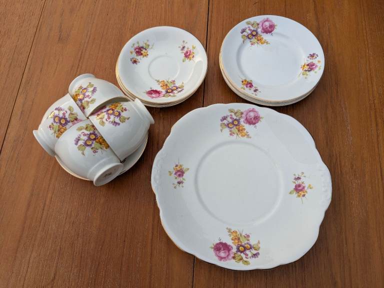 Vintage Bone China Tea Set with Floral Design 13 Pieces:  
