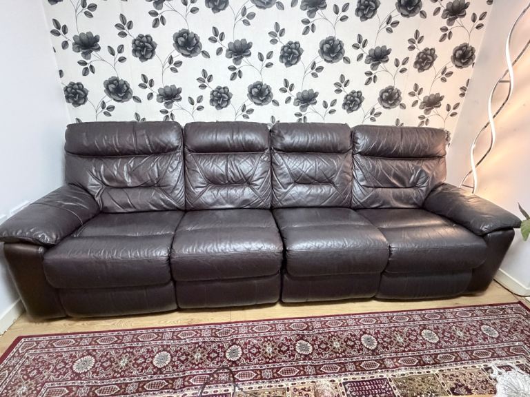 Real Leather 4-Seater, Deep Chocolate Brown - Recliner Sofa 