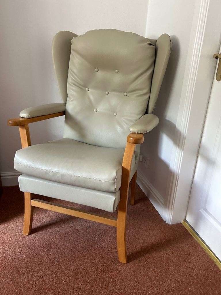 Comfortable Grey Leather Armchair with Wooden Frame