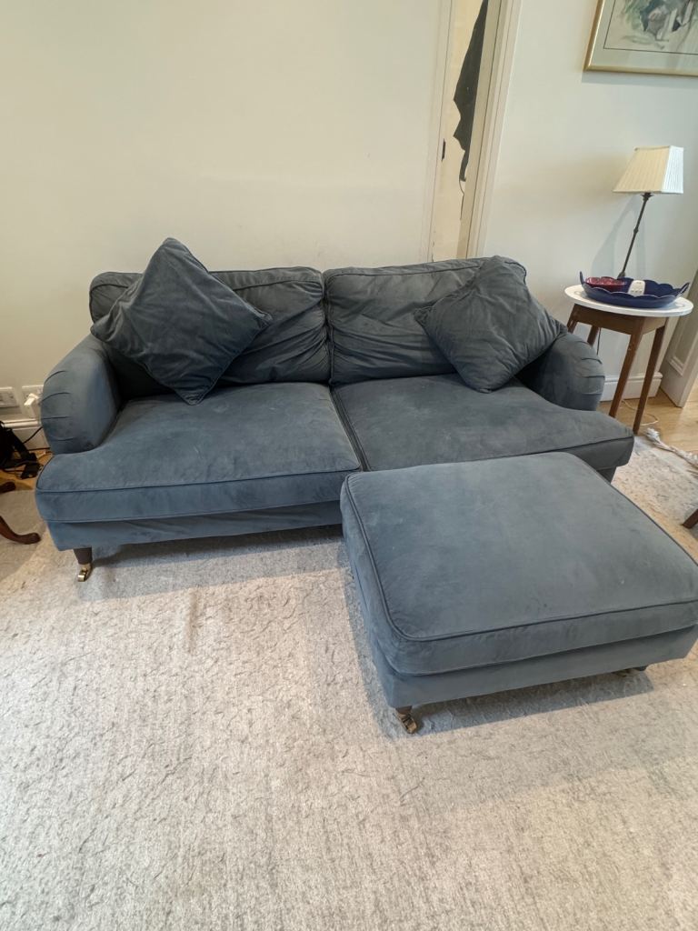 Furniture 123 Payton Blue Velvet 3 Seater Sofa & Footstool - RRP £678