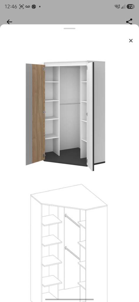 Used for 1 year, Corner Wardrobe with Shelves and Hanging Rail