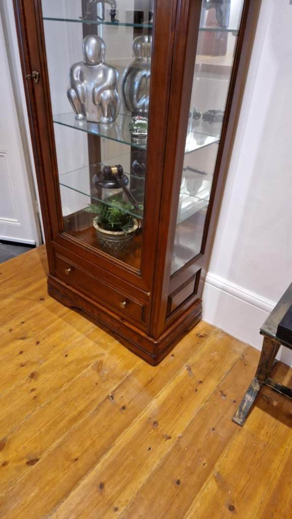Stunning glazed shelved Ernest Menard display cabinet with drawer 