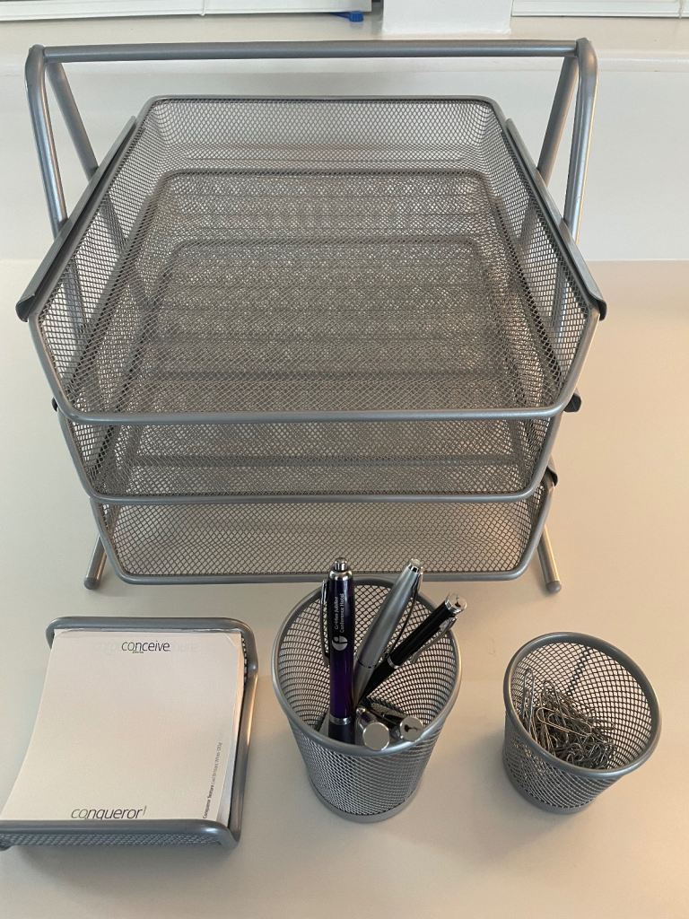 Wire mesh silver desk set - trays pen pots notepad holder