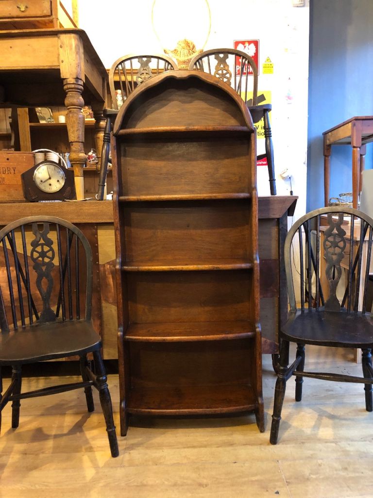 Antique solid oak arch top waterfall bookcase shelf