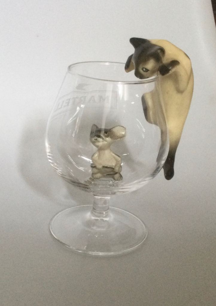 Vintage celluloid Siamese Cat and Mouse Figures retro 60’s brandy glass 