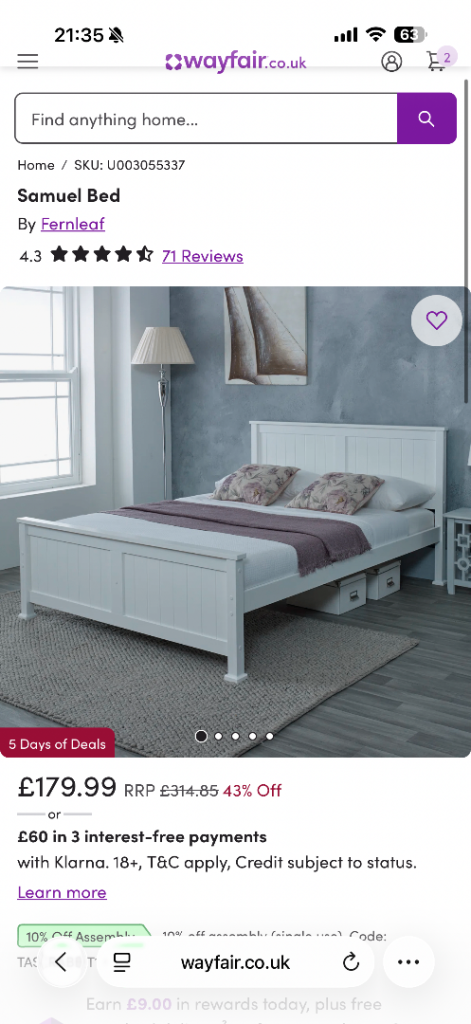 White wood double bed 
