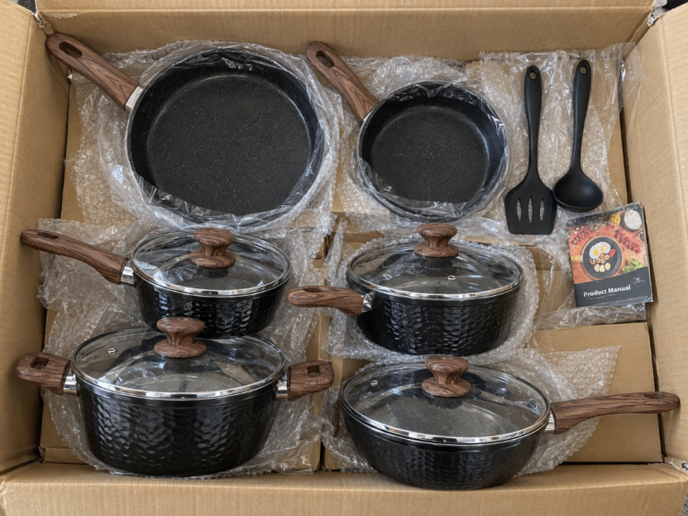 New 12-Piece Non-Stick Cookware Set – Black with Wood-Effect Handles