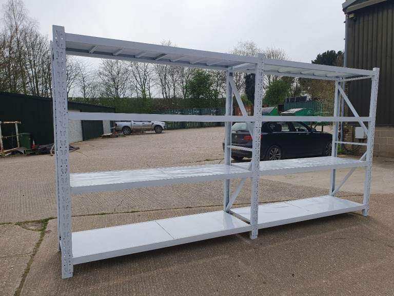 2 Continuous Bays of White Metal Racking Shelving with Metal Trays. over 200kgs per shelf
