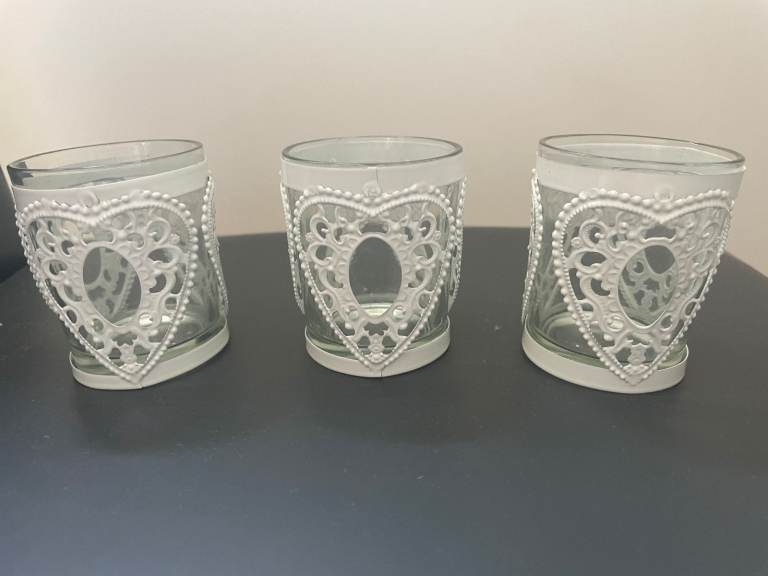 3 X Hollow Heart Metal and glass Candle Holders 
