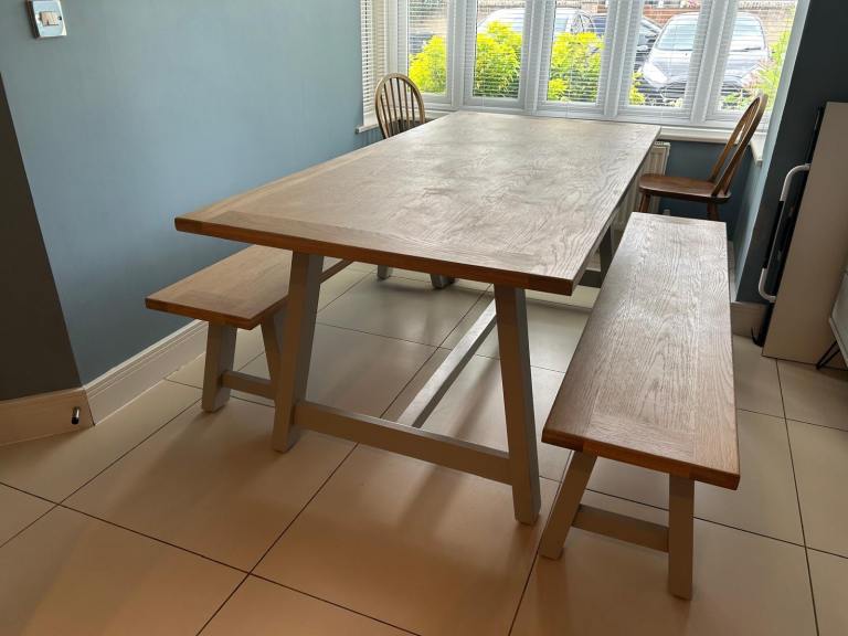 The Cotswold Company Chester Dove Grey Mid-Sized Trestle Table + 2 Benches.