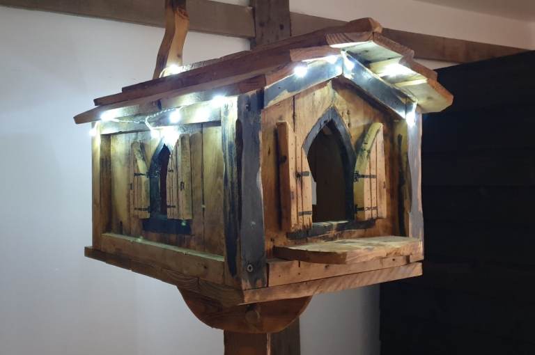 Hand Made Unique Solid Wood Bird Feeder Planter, with Furnished Banquet Hall LED Lighting  