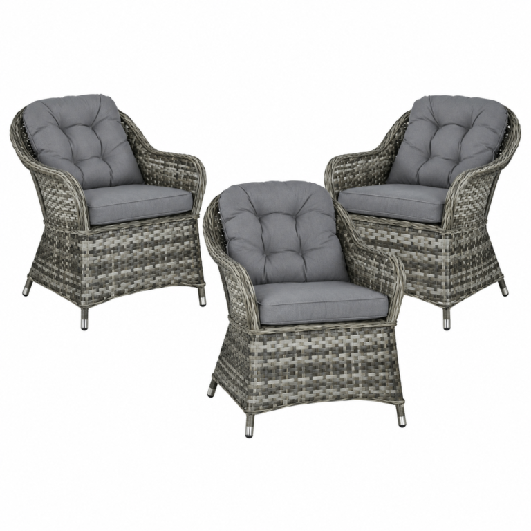 Set of 3 Grey Rattan Garden Patio Chairs with Cushions