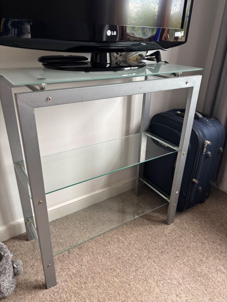 Silver Metal and Glass TV Stand with Shelves – Good Condition