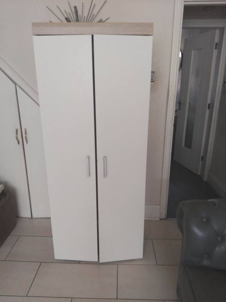 White Two-Door Wardrobe with Wood-Effect Top