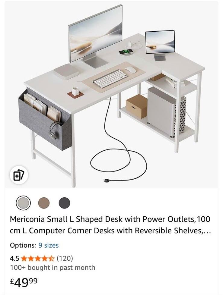 L Shaped Desk with Power Outlets, 100 cm L Computer Corner Desks with Reversible Shelves
