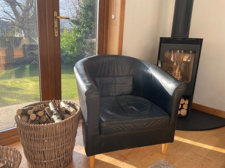 IKEA black leather tub chair 