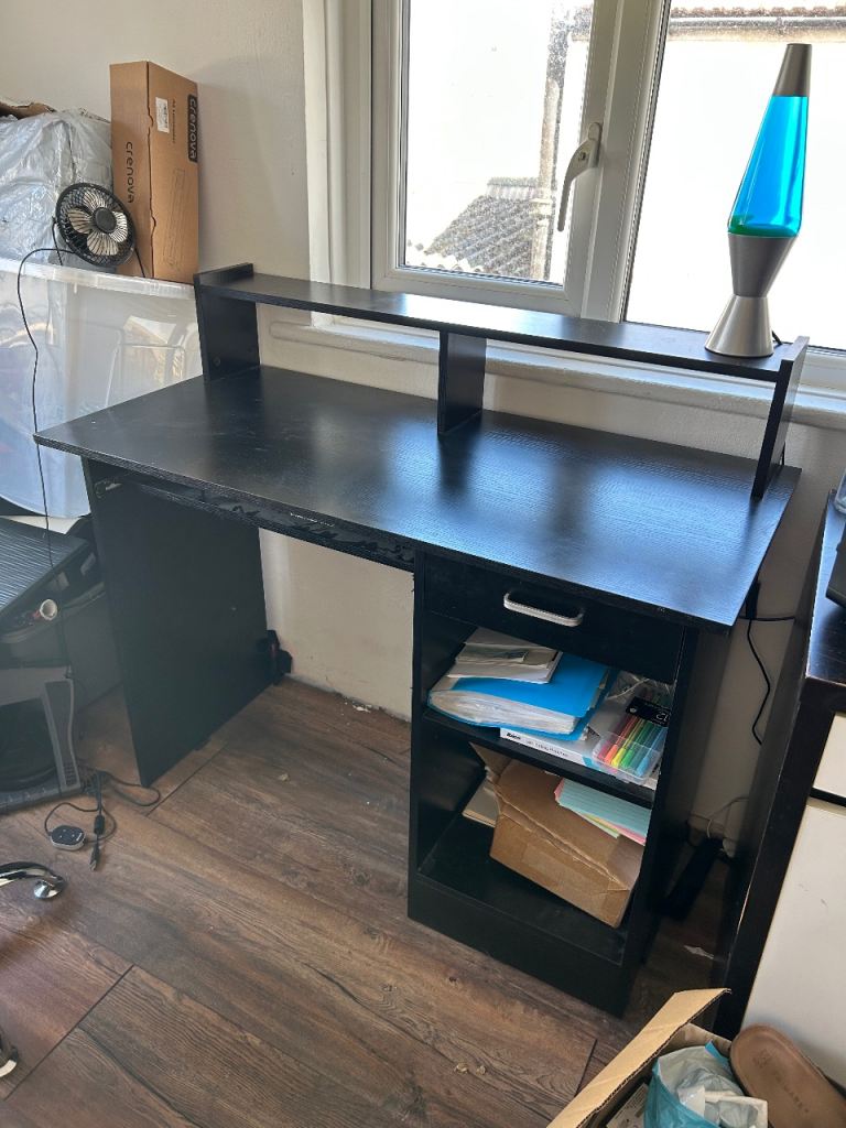 Black Wooden Desk with Shelf and Drawer – Good Condition