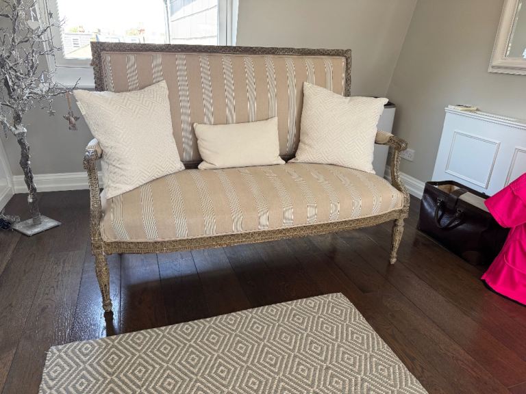 Lovely Small Antique Sofa – Beige Fabric, Wood Frame