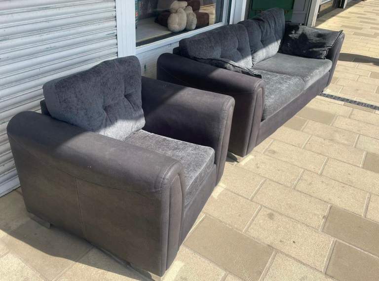 SCS Black & Grey Fabric 3 Seater Sofa with Armchair £250 Free Local Delivery  