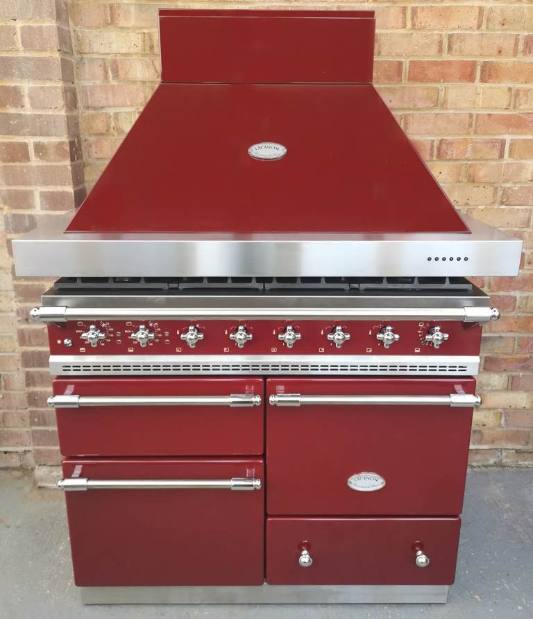 Lacanche Macon 100cm Dual Fuel Range Cooker & Extractor Hood in Burgundy & Chrome