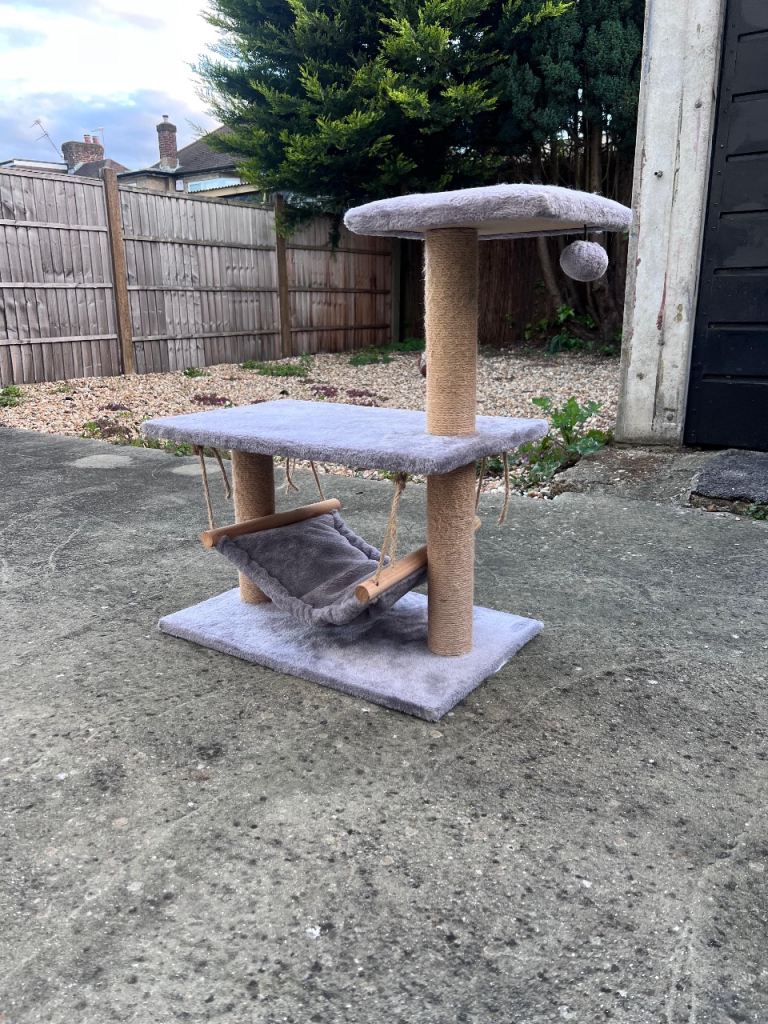 Grey Cat Tree with Scratching Posts and Hammock