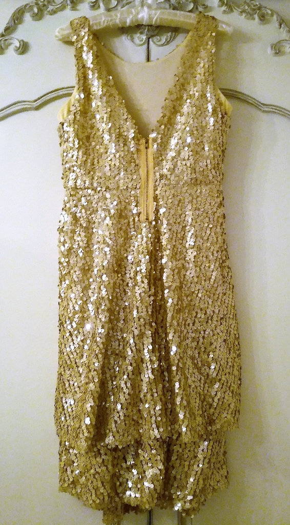 DESIGNER SEQUIN DRESS Peach Gold Short 2 Tier Ruffle Sleeveless Scoop Neck Zip Hour Glass Style PROM